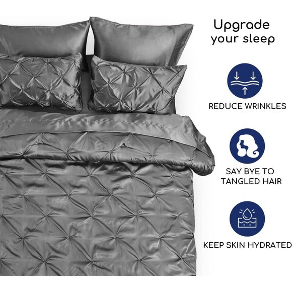 New Satin Comforter King 8 Pieces - Luxurious Pinch Pleat Bedding Set wi… - Picture 3 of 9